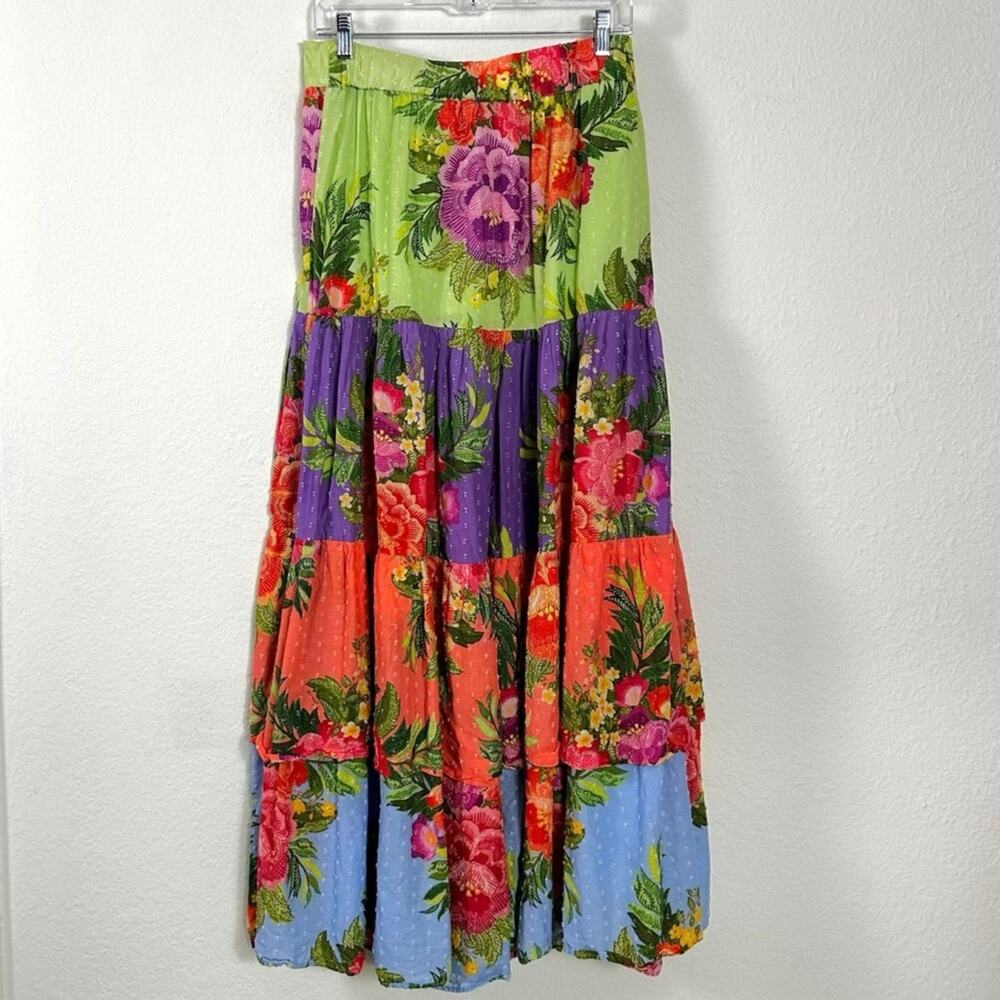 Farm Rio Tropical Floral Patchwork Tiered Floral Maxi Skirt Size Large Bohemian - Picture 8 of 13